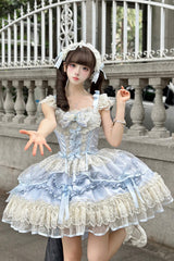 Blue [Dreaming Butterfly] Multi-Layered Jacquard Ruffle Bowknot Lace Sweet Princess Lolita Jsk Dress - Blue - 1