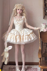 Ivory [Fleeting Light and Shallow Dream] Sleeveless Multi-Layered Ruffle Bowknot Lace Slim Sweet Ballet Lolita Jsk Dress - Product - 4