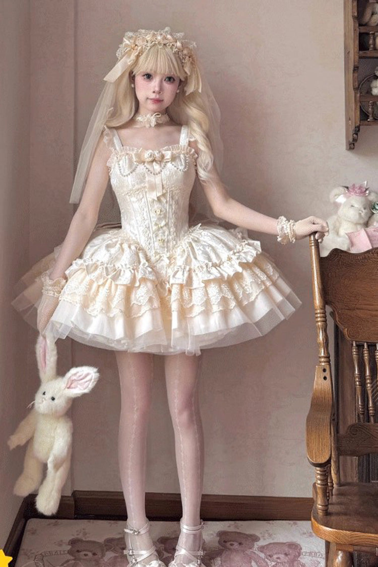 Ivory [Fleeting Light and Shallow Dream] Sleeveless Multi-Layered Ruffle Bowknot Lace Slim Sweet Ballet Lolita Jsk Dress - Product - 4