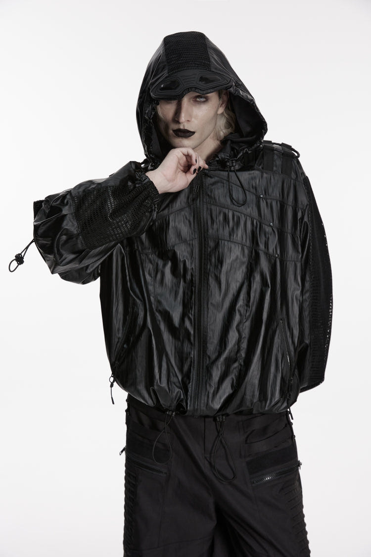 Black Lapel Collar Long Lantern Sleeves Lace-Up Hooded Mesh Zippered Men's  Punk Cool Jacket - Product - 8