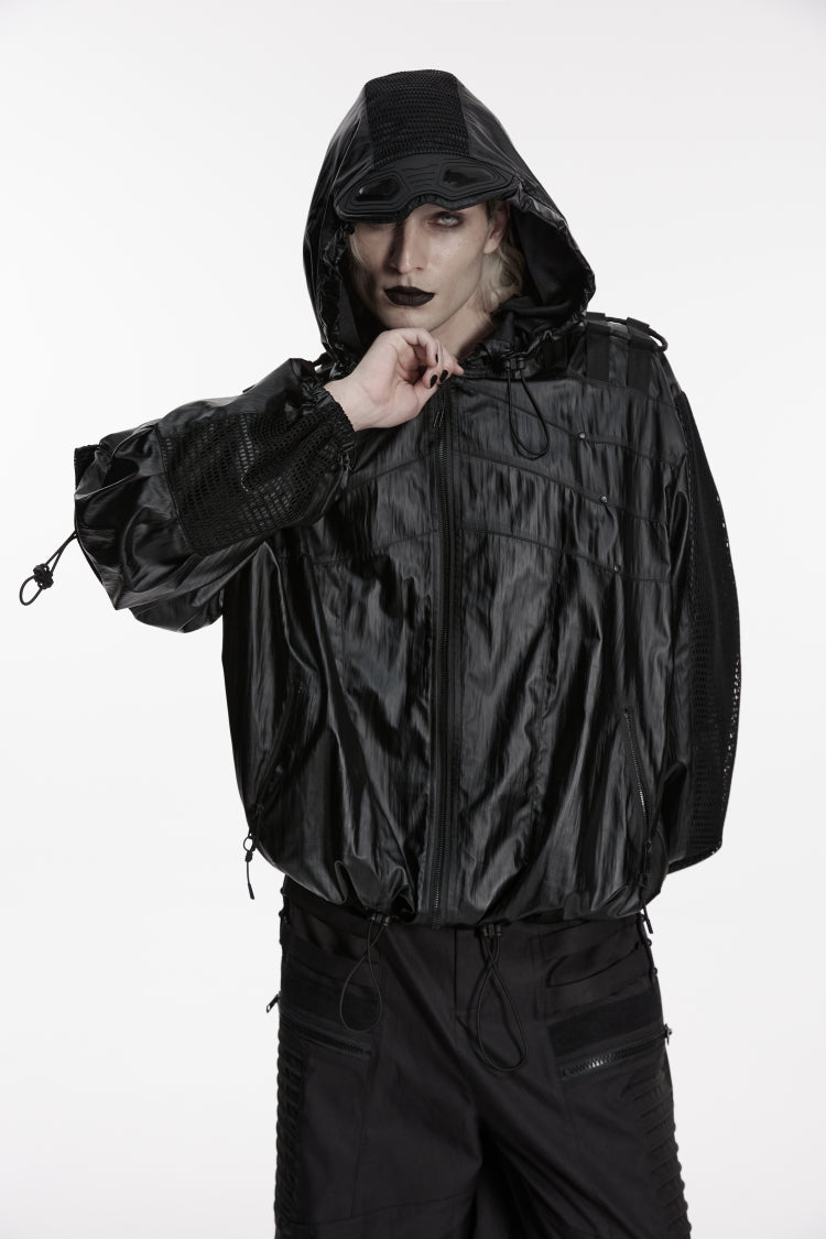 Black Lapel Collar Long Lantern Sleeves Lace-Up Hooded Mesh Zippered Men's  Punk Cool Jacket - Product - 8