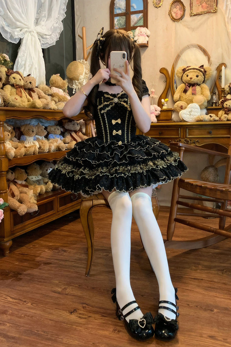 Black Sleeveless Multi-Layered Polka Dots Printed Ruffled Bow Sweet Princess Lolita Jsk Dress - Product - 6