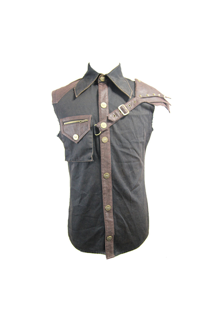 Black Twill Brown One Shoulder Armor Heat Seal Hasp Sleeveless Men's Punk Shirt - Product - 6