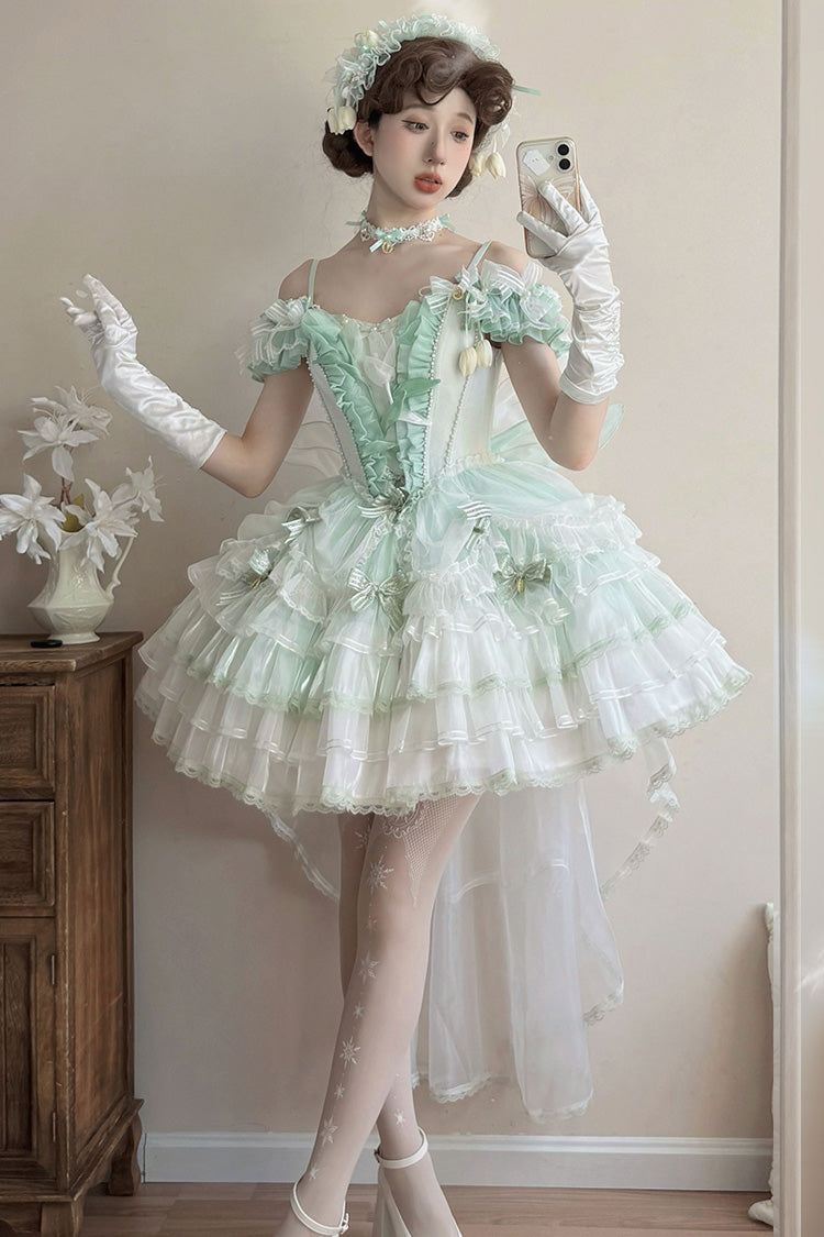 Green [Tulip and Wind Chime] Multi-Layered Ruffle Bowknot Lace Sweet Gorgeous Lolita Jsk Dress - Product - 15