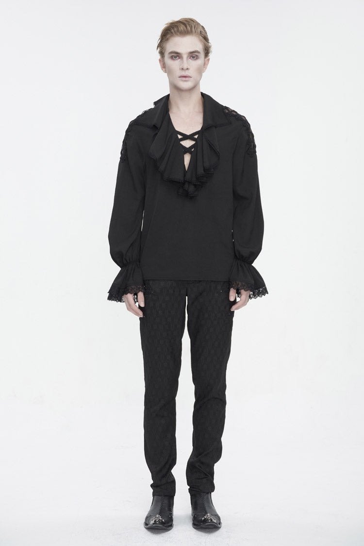 Black Ruffled Collar Puff Sleeved Men's Gothic Shirt - Product - 4