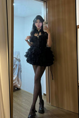 Black Multi-layer Ruffle Hanayome Bowknot Lace Gothic Mini Lolita Skirt Dress - Product - 2