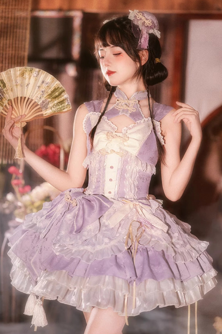 Purple White Pear Dream Multi-layer Ruffle Lace Sweet Chinese Style Princess Lolita Jsk Dress - Purple - 1