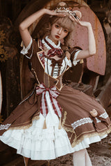 White/Brown Bear Detective Short Sleeves Ruffle Cardigan Bowknot Gothic Punk Lolita Dress - Product - 3
