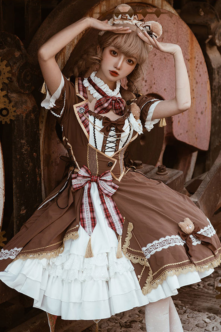 White/Brown Bear Detective Short Sleeves Ruffle Cardigan Bowknot Gothic Punk Lolita Dress - Product - 3