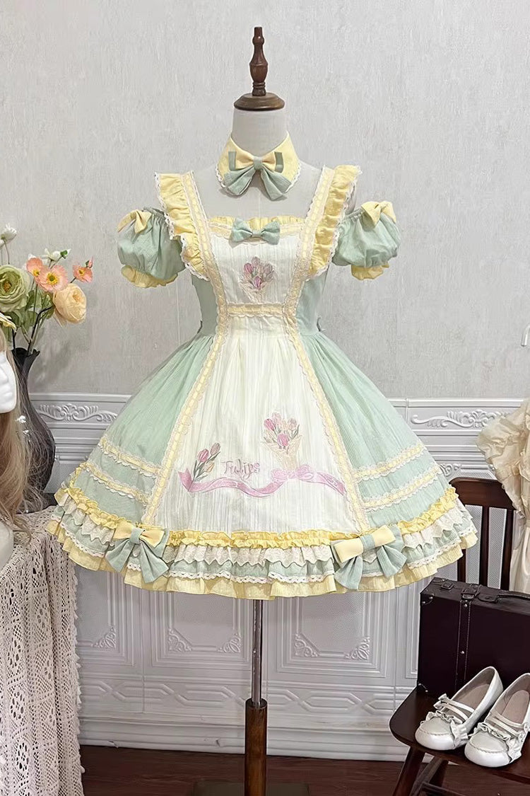 Green Short Sleeves Tulip Print Ruffle Bowknot Sweet Lolita Dress - Product - 3