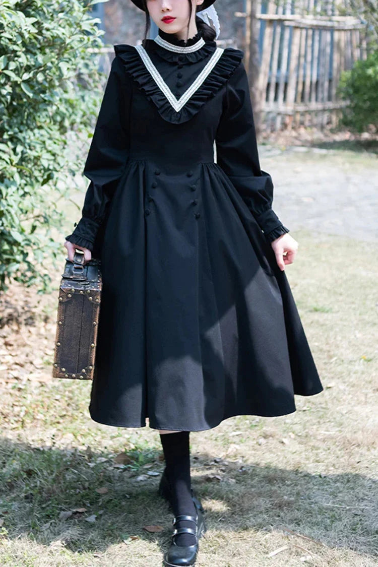 Black Olivia Autumn Winter Stand Collar Long Sleeves Gothic Lolita Dress - Black - 1