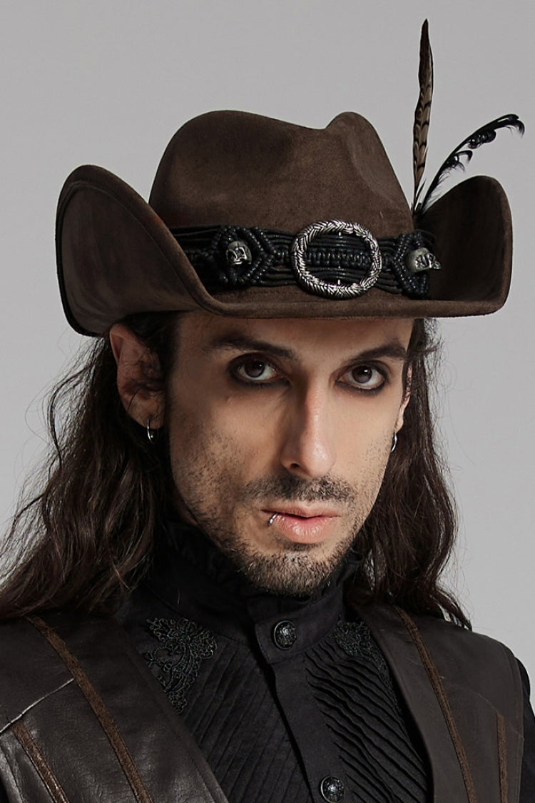 Brown Tassels Feather Skull Men's Punk Hat - Brown - 1