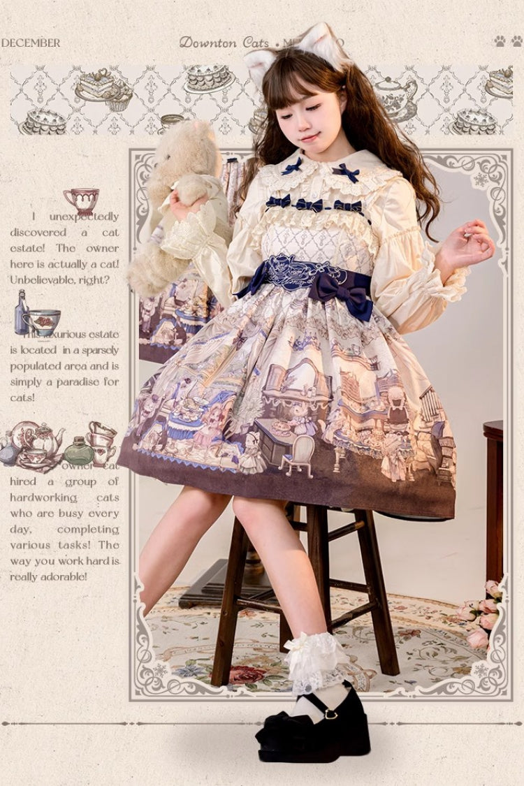 Multi-Color Cat Manor Print Embroidery Bowknot Sweet Lolita JSK Dress - Product - 6