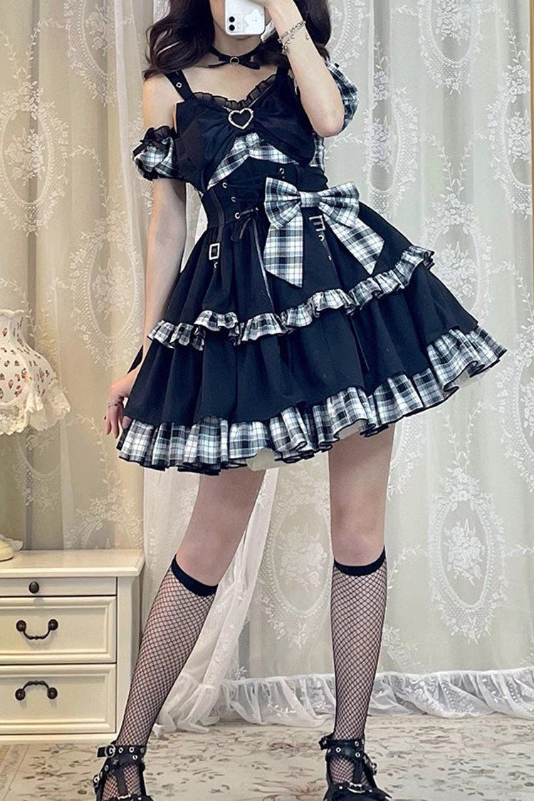 Black/White Plaid Print Color Contrast Leather Buckle Bowknot Ruffle Gothic Lolita JSK Dress - Black/White - 1