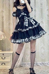 Black/White Plaid Print Color Contrast Leather Buckle Bowknot Ruffle Gothic Lolita JSK Dress - Black/White - 1
