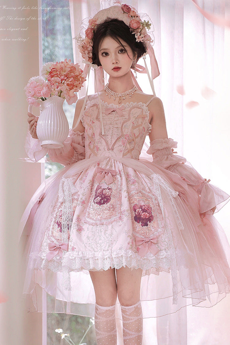 ピンク [Rose Window] プリント フリル リボン レース スウィート エレガント プリンセス ロリータ ジャンパースカート（JSK） 商品画像