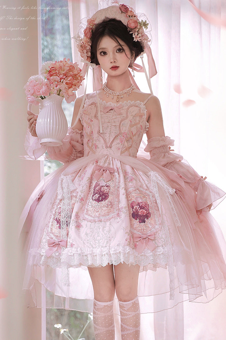 Pink [Rose Window] Print Ruffle Bowknot Lace Sweet Elegant Princess Lolita Jsk Dress - Product - 10