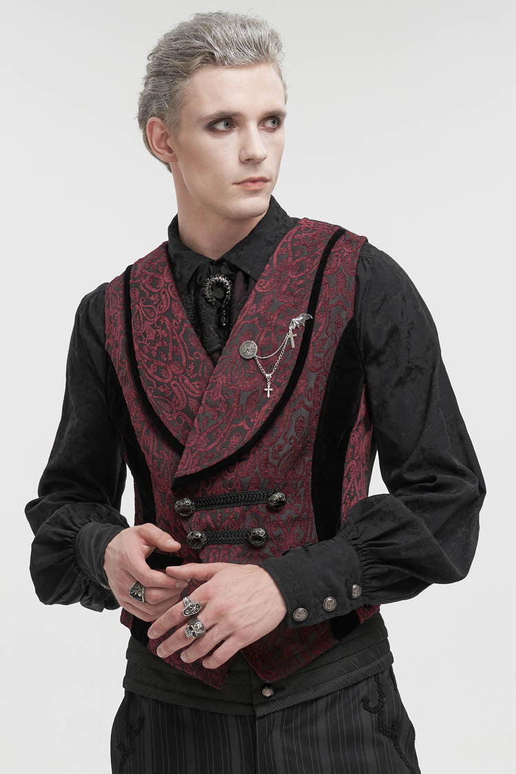 Red Slim Retro Jacquard Chest Metal Chain Cross Men's Gothic Vest - Product - 2