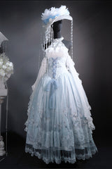 Blue [Snow Lily] Print Ruffle Hanayome Embroidery Bowknot Lace-Up Sweet Elegant Princess Lolita Skirt Set - Product - 5
