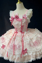 Pink [Sweetheart Bunny] Square Collar Flutter Sleeves Multi-Layered Jacquard Ruffled Embroidered Bow Lace Sweet Lolita Jsk Dress - Product - 8