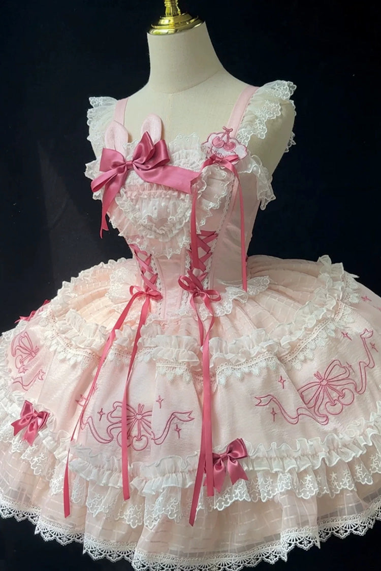 Pink [Sweetheart Bunny] Square Collar Flutter Sleeves Multi-Layered Jacquard Ruffled Embroidered Bow Lace Sweet Lolita Jsk Dress - Product - 8