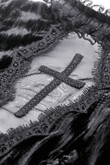 Black Women's Gothic Cross Lace Ruffled Stand Collar Long Flared Sleeves Lace-Up Velvet Dress - Product - 13