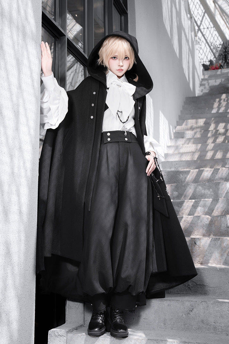 Black [Code 003] Long Sleeves Bow Vintage Elegant Prince Handsome Ouji Lolita Blouse Pants Cloak Set - Black-Cloak(Only) - 1