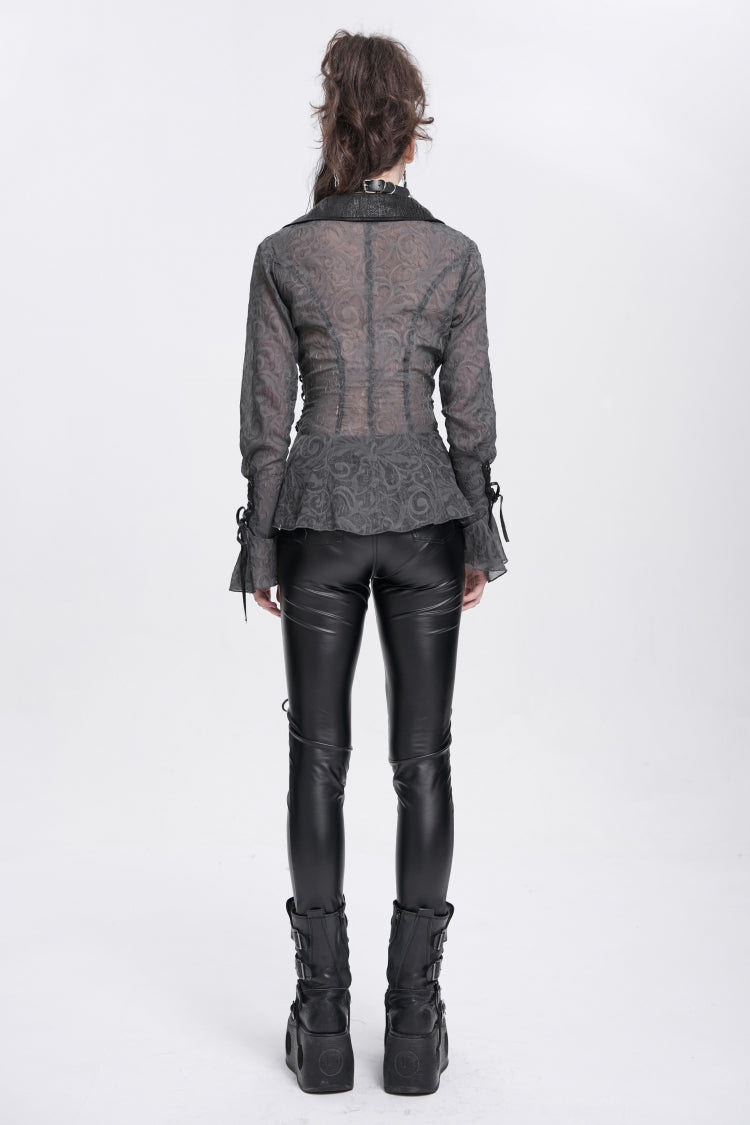 Black Long Sleeves Embroidery Lace-Up Irregular Sheer Women's Gothic Blouse - Product - 8