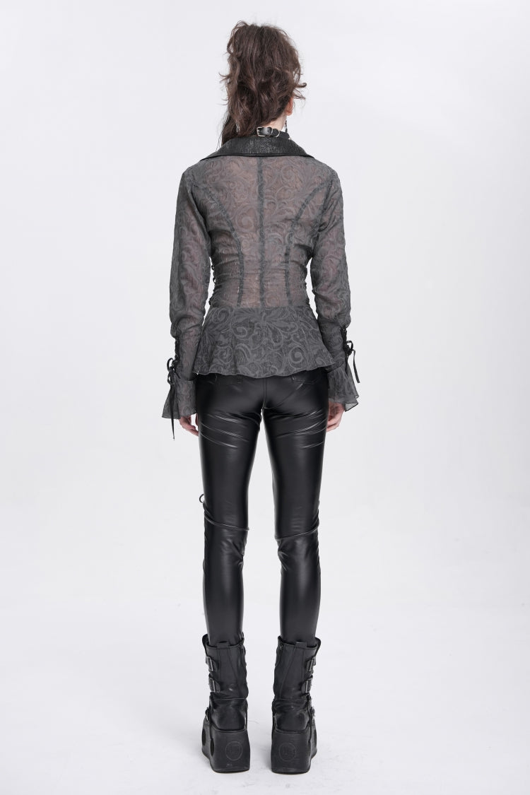 Black Long Sleeves Embroidery Lace-Up Irregular Sheer Women's Gothic Blouse - Product - 8