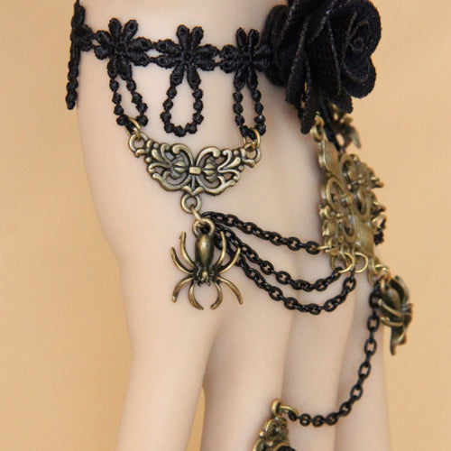Black Retro Rose Flower Spider Lace Gemstone Female Punk Lolita Ring Bracelet - Product - 4
