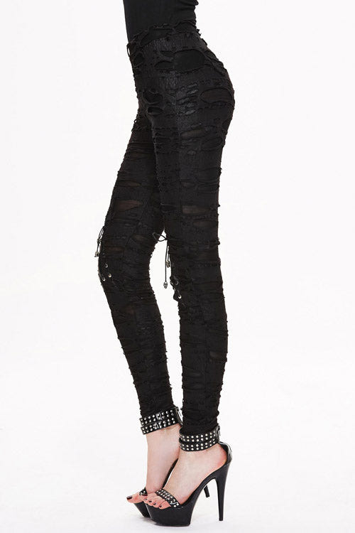 Black Leather Broken Holes Coated Knit Womens Pants - Product - 2