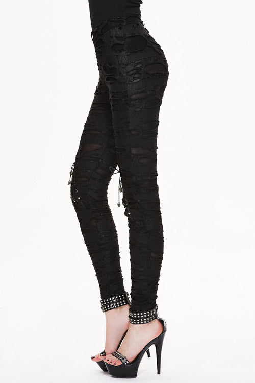 Black Leather Broken Holes Coated Knit Womens Pants - Product - 2