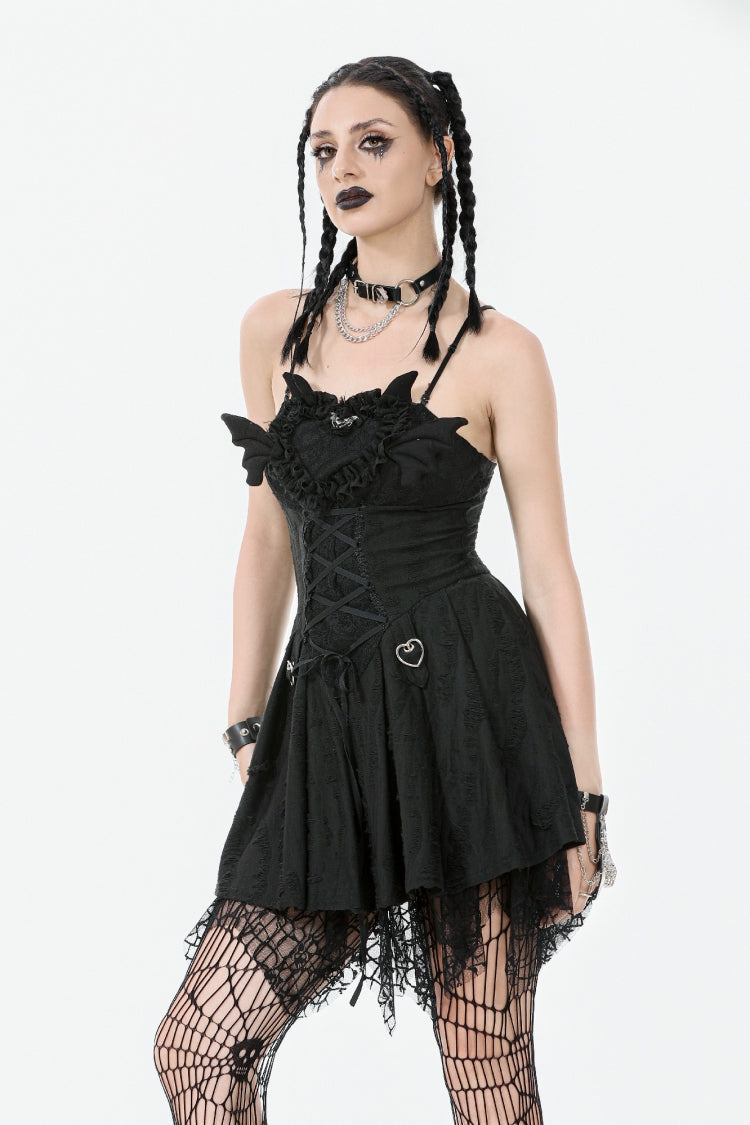 Black Sleeveless Lace Lace-Up Pleated Women's Gothic Dark Demon Slip Dress - Product - 5