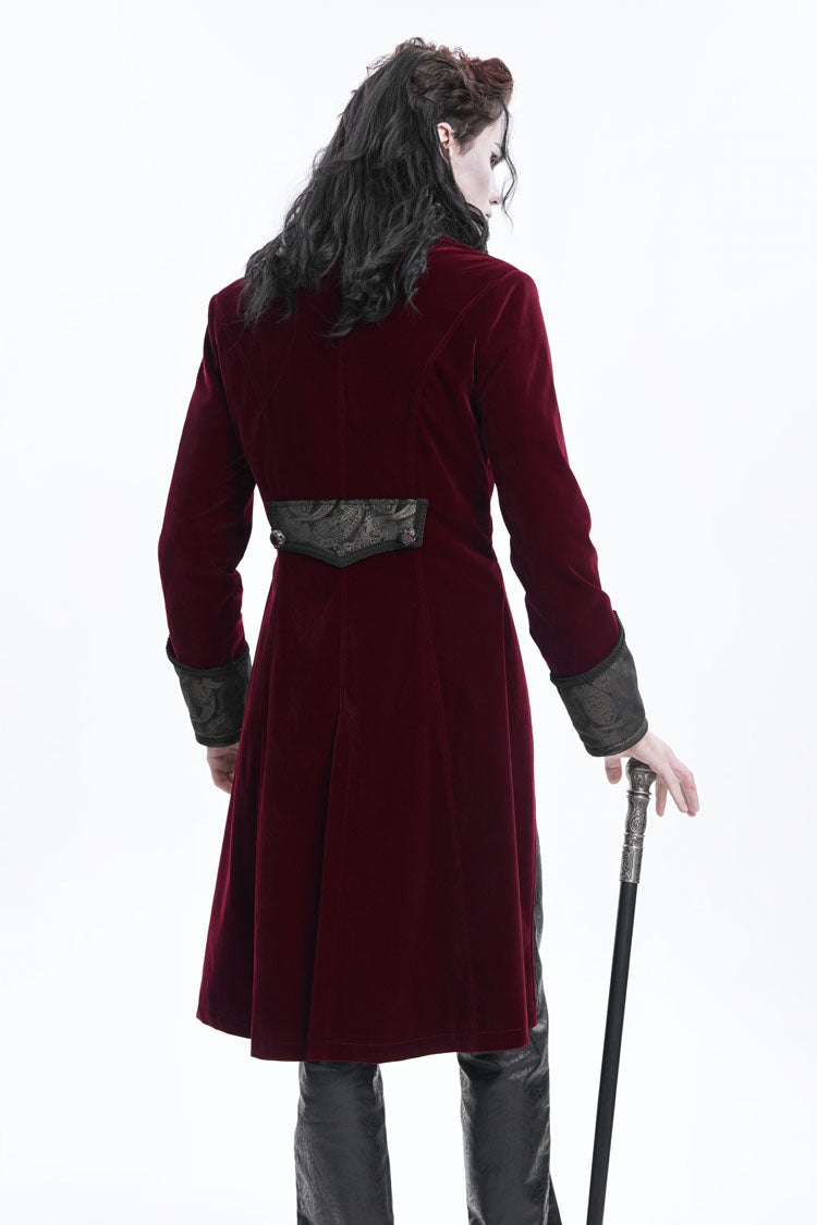 Wine Red Long Sleeves Button Floral Embroidery Men's Gothic Jacket - Product - 10