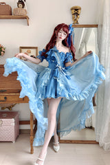 Blue [Mermaid Princess] Ruffle Hanayome Bowknot Sweet Elegant Lolita Jsk Dress Set - Blue - 1