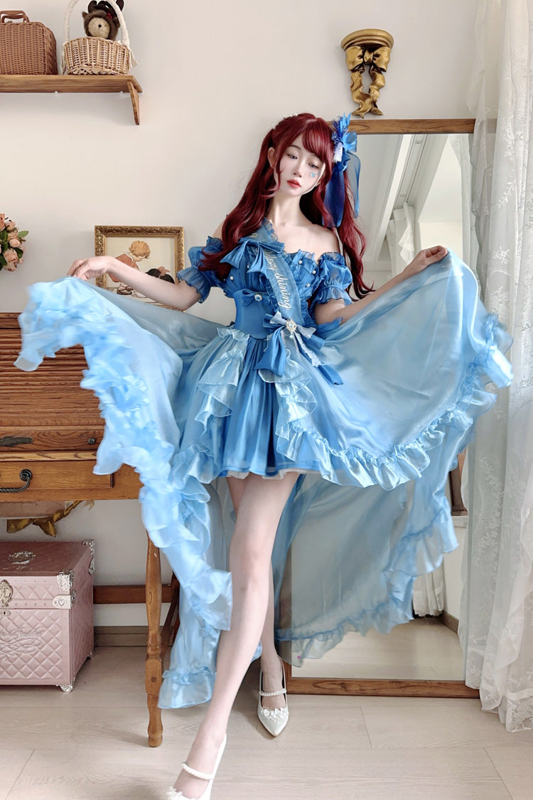 Blue [Mermaid Princess] Ruffle Hanayome Bowknot Sweet Elegant Lolita Jsk Dress Set - Blue - 1