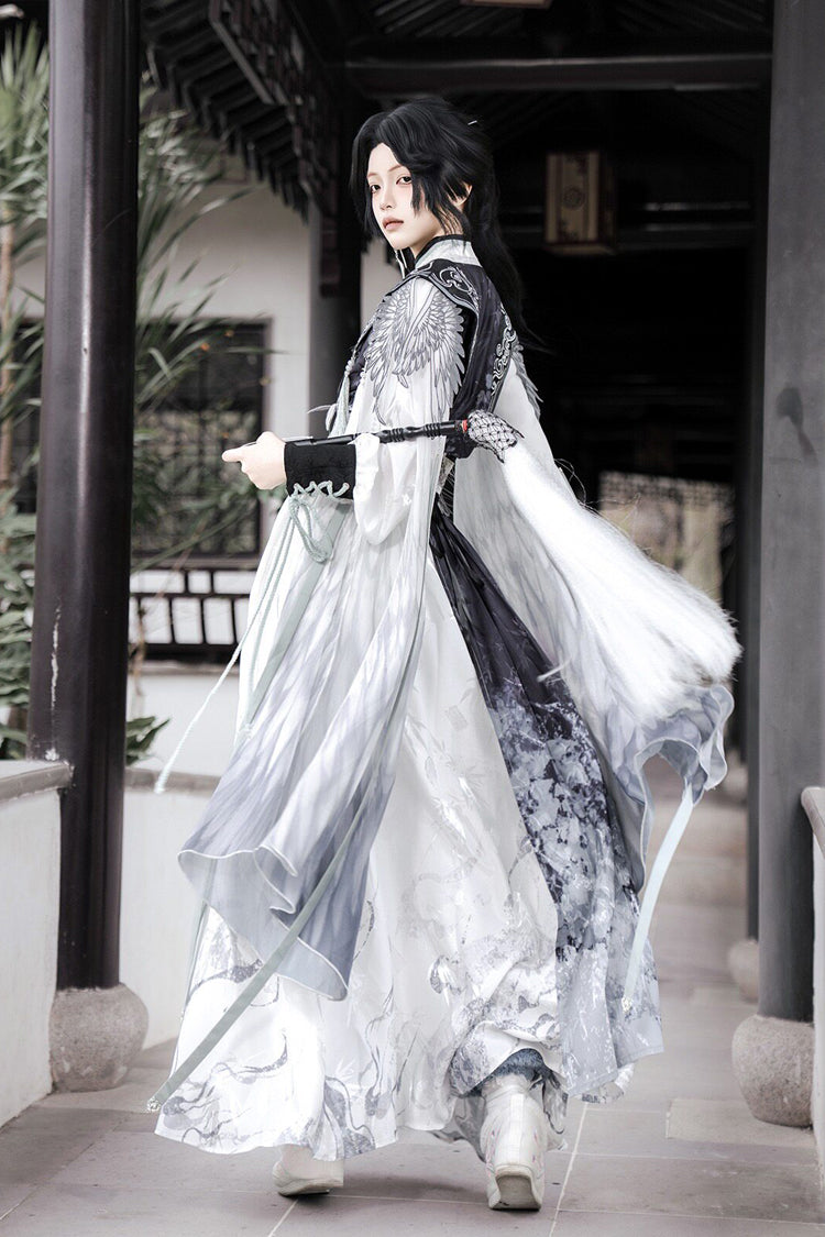 Black/White [Magpie Feather] Stand Collar Long Sleeves High Waisted Printed Embroidered Women's Classic Hanfu Dress Set - Product - 3