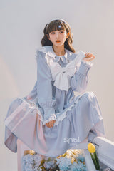 Blue Doll Collar Single Breasted Princess Sleeves High Waist Magic Playing Cards Sweet Lolita OP Dress - Product - 3