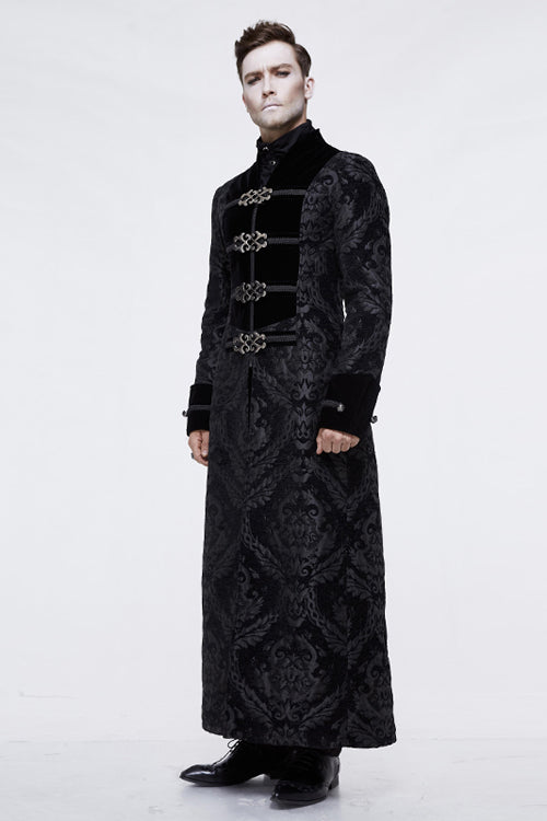 Black Gothic Patterned Metal Buttons Mens Velveteen Long Coat - Product - 2