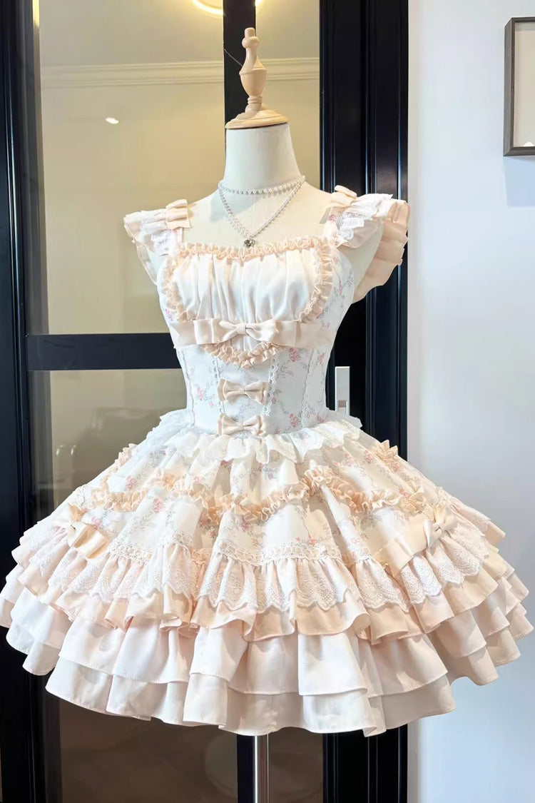 Floral Print Multi-layer Ruffle Bowknot Lace Sweet Lolita Tiered Dress 2 Colors - Yellow - 4
