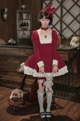 [Liya] Square Collar Long Lantern Sleeves Multi-Layered Ruffled Classic Elegant Lolita Dress 2 Colors (Black, Red) - Product - 14
