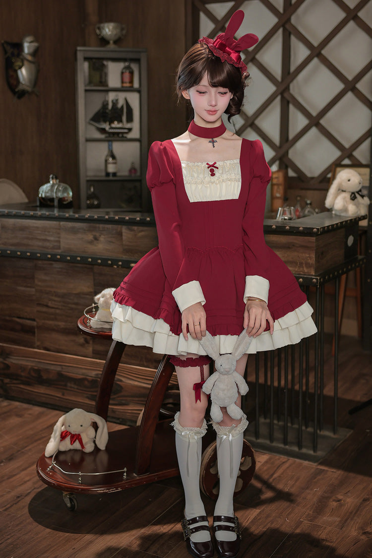 [Liya] Square Collar Long Lantern Sleeves Multi-Layered Ruffled Classic Elegant Lolita Dress 2 Colors (Black, Red) - Product - 14