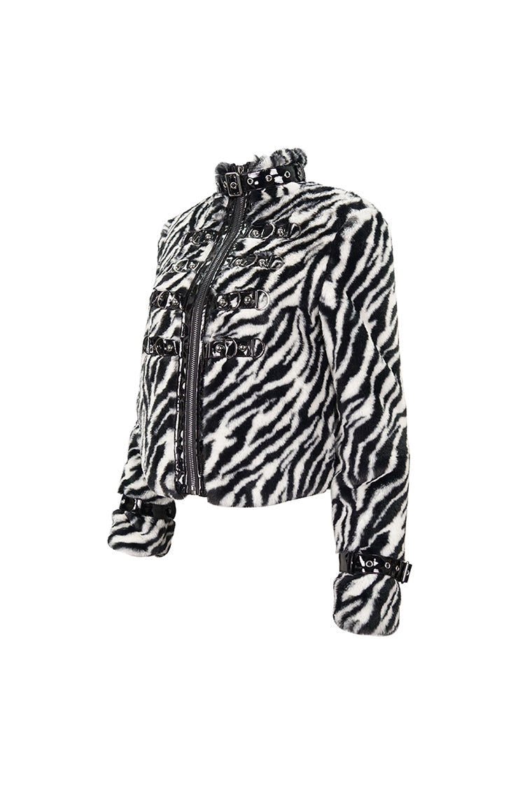 Black/White Stripe Design Shiny Belt With D-Shaped Buckle Decoration Padded Women's Punk Jacket - Product - 7