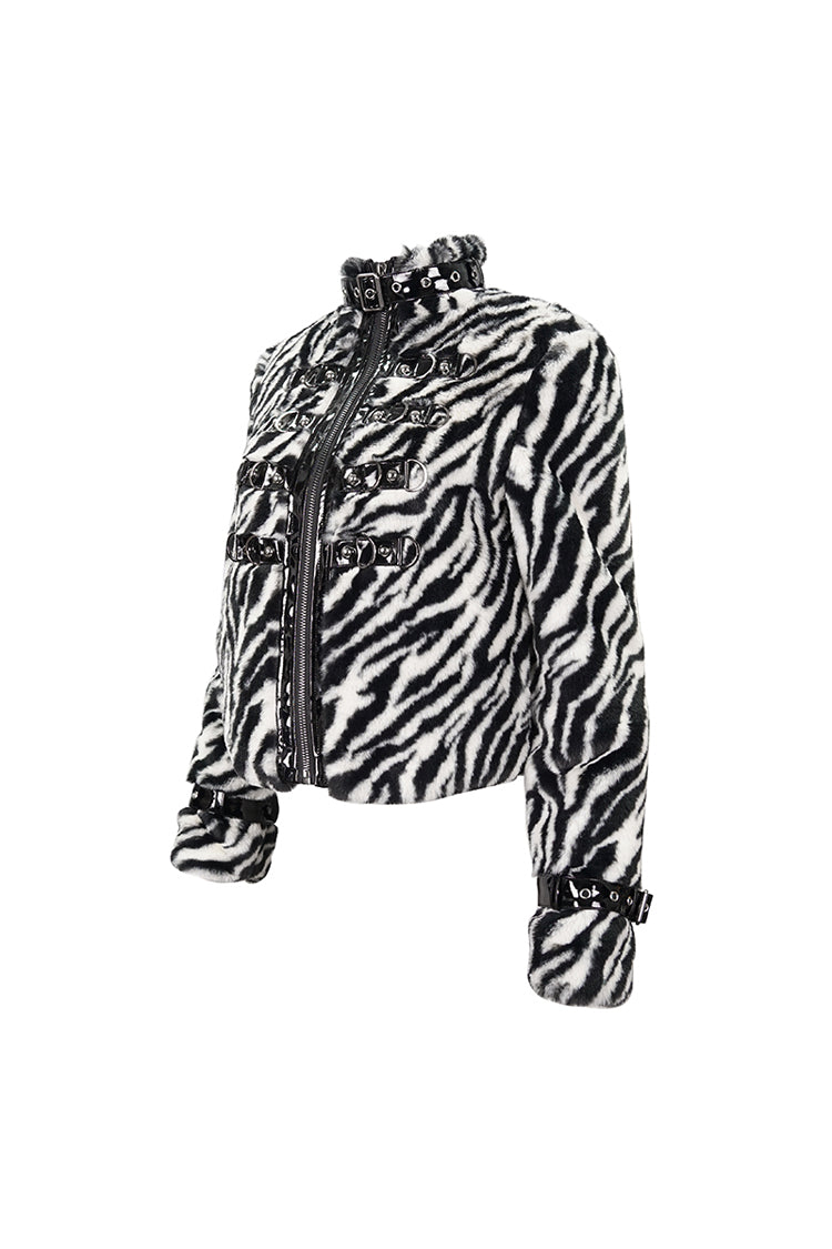 Black/White Stripe Design Shiny Belt With D-Shaped Buckle Decoration Padded Women's Punk Jacket - Product - 7