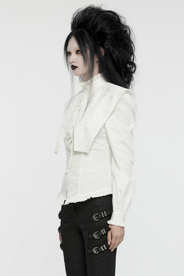 White Stand Collar Ruffle Lace-Up Women's Gothic Blouse - Product - 2