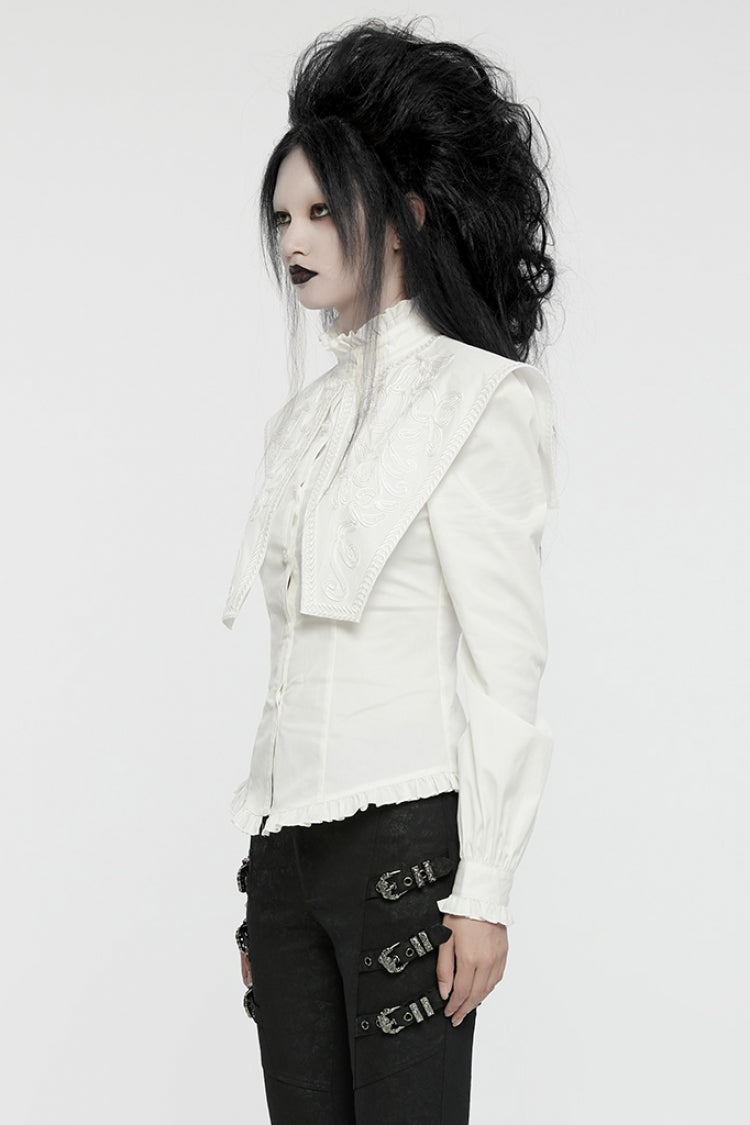 White Stand Collar Ruffle Lace-Up Women's Gothic Blouse - Product - 2