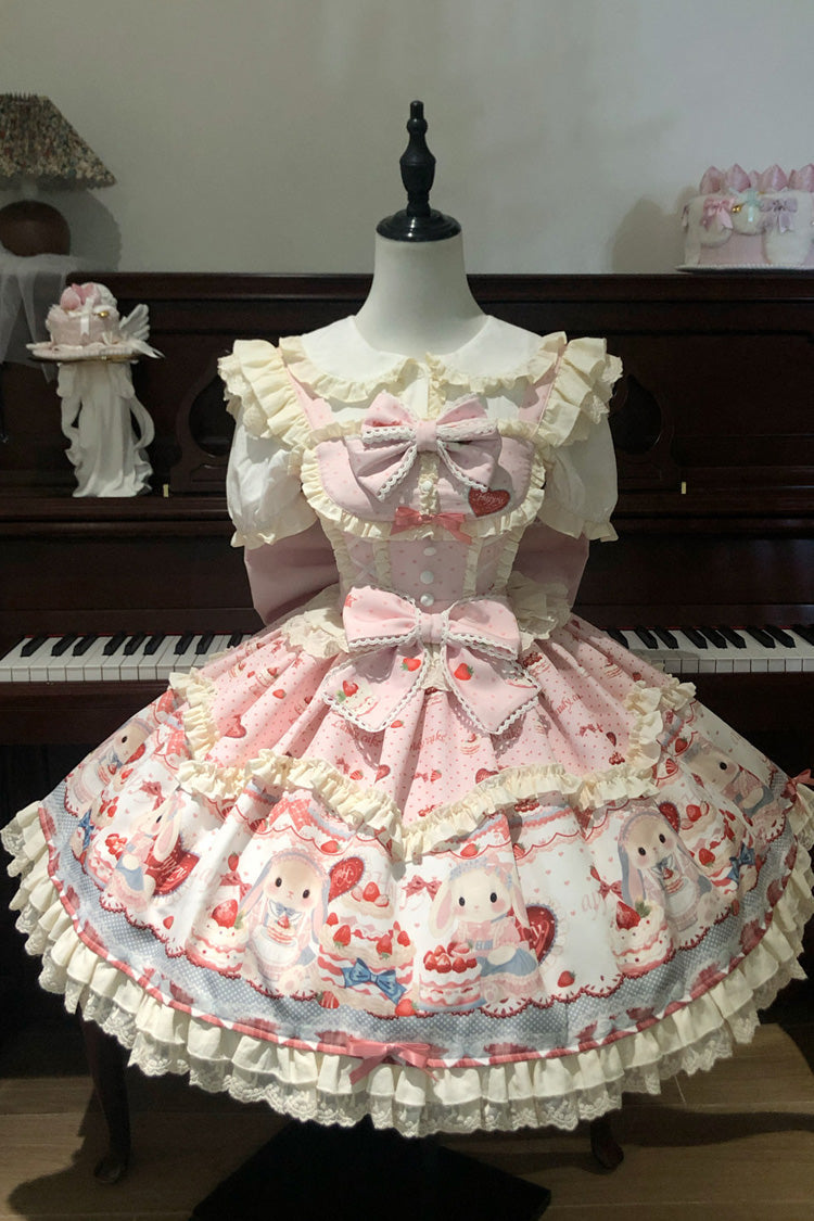 Pink [Sweet Bunny Party] Square Collar Sleeveless Printed Ruffled Bow Sweet Lolita Jsk Dress Set - Product - 3