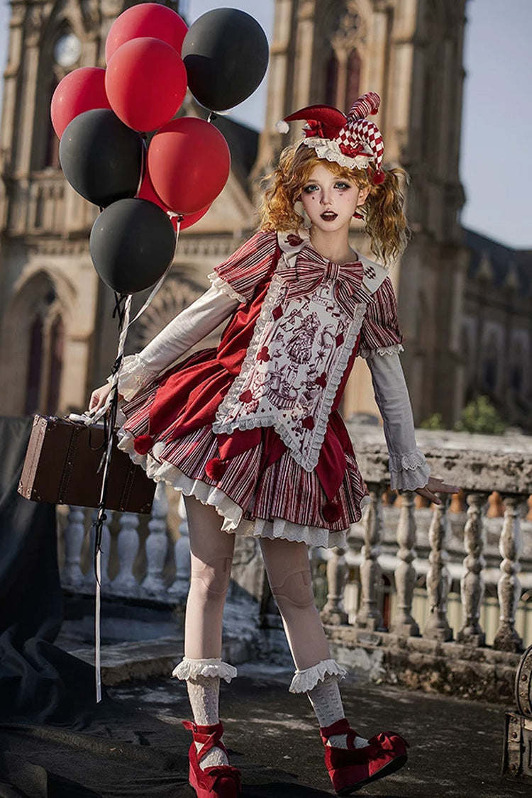 Red [Letters and Poems · Doll Mask] Poker Clown Long Sleeves Ruffled Bow Gothic Lolita Dress Set - Product - 10