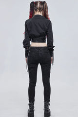 Black Punk Asymmetrical Neckline Buttonhole Cuffs With Cord Design Cropped Thin Texture Long Sleeve Women's Shirt - Product - 8