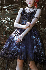 Dark Blue Vampire Diaries Theme Bowknot Ruffled Gothic Lolita JSK Dress Full Set - Blue - 1